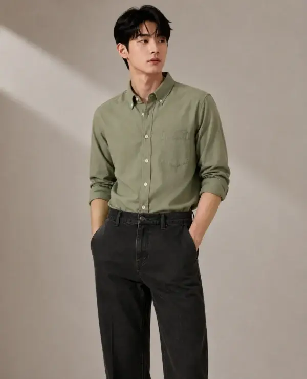 Premium Olive Casual Cotton Shirt with Black Denim Jeans Combo